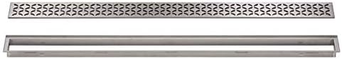 All-in-one Waterproof Linear Shower Drain Kit with 32 Inch Off-set Outlet Channel Body (KL1VO60E80) and Drain Grate Assembly (Cover) in Floral Design with Brushed Stainless Steel Finish (KL1IFE23EB80)