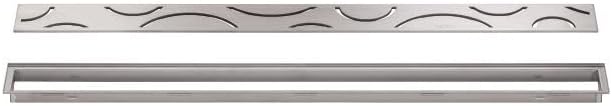 All-in-one Waterproof Linear Shower Drain Kit with 44 Inch Center Outlet Channel Body (KL1V60E110) and Drain Grate Assembly (Cover) in Curve Design with Brushed Stainless Steel Finish (KL1IFF23EB110)