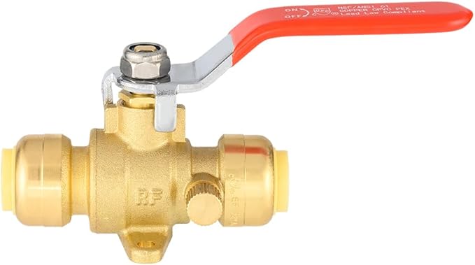 EFIELD 1/2 Inch Push-Fit Full Port Drop Ear Brass Ball Valve with Drain, Plumbing Fittings For Copper, Pex, Cpvc Pipe,(PF-VALVE070)