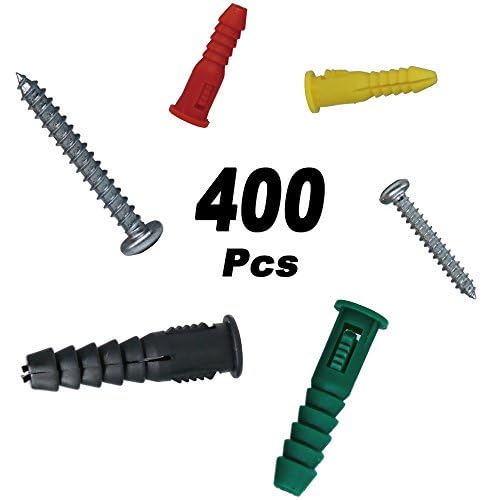 T.K.Excellent Plastic Drywall Anchors and Screws Kit, Ribbed Anchors Assortment Screws Kit, Wall Anchor Kit 400Pcs