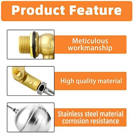 GASHER 2PCS 1/2" 304 Stainless Steel Float Ball Valve with 1/2"G Female x 1/2"NPT Male Adapter, DN15 Adjustable Water Tank Float Ball Valve for Stock Tank Pool Water Level Control