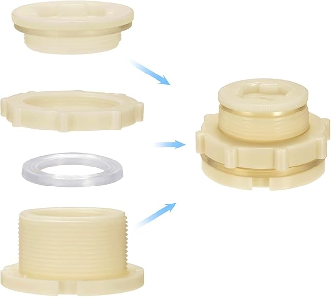 1.25" Female ABS Bulkhead Fitting, Plastic Water Tank Connector Adapter Fitting with Plugs for Outdoor rain Barrel Garden Hose Adapter Spigot kit Water Tank Gallon Drain Bucket(Set of 2)