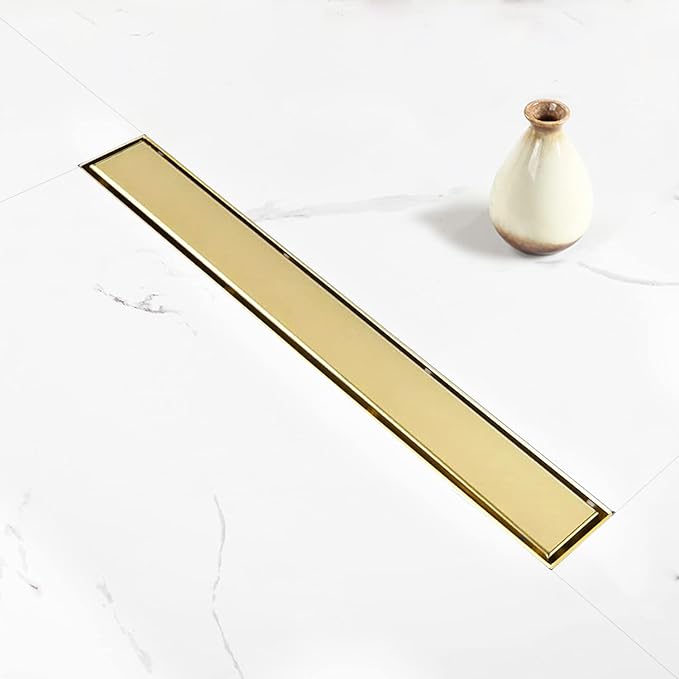 Linear Shower Drain, 60 inch Gold Drain with Tile Insert 2-in-1 Panel, Brushed 304 Stainless Steel Gold Shower Floor Drain, Linear Drain with Hair Strainer and Adjustable Feet