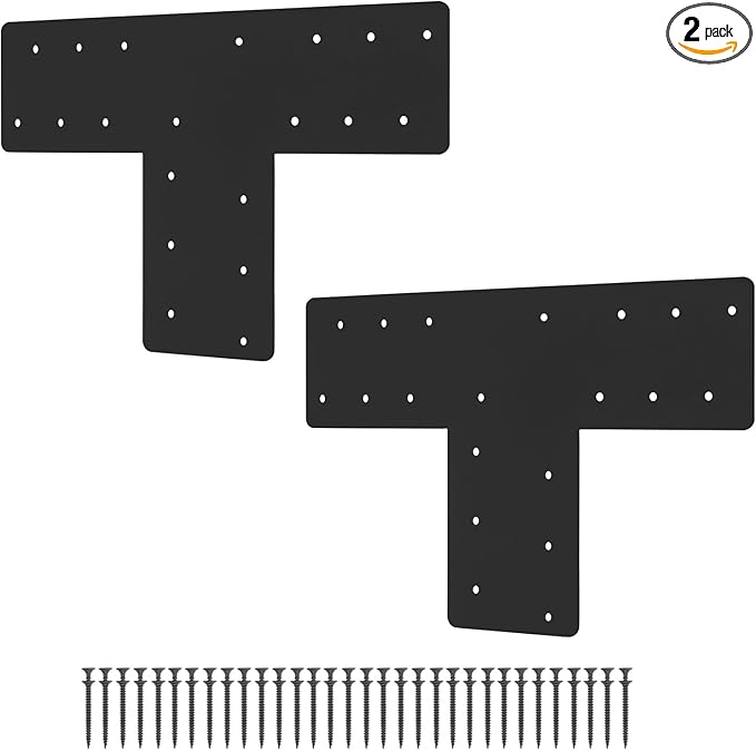 2 Pcs T Post Bracket,16.9"x 5" T Flat Mending Plate with Black Powder-Coated Joining Brackets, Connecting Brackets, T Shape Strap Plate Fit 6x6,8x8, for Repair House,Pavilion,Truss framing