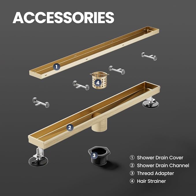 Linear Shower Drain 54 Inch Gold, Brushed AISI 304 Stainless Steel Shower Drain with 2-in-1 Tile Insert Panel, for Bathroom, Kitchen, Garage & More