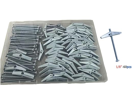 Toggle Bolts Anchors and Screws kit - 60 Sets 1/8" Toggle Bolts and Butterfly Anchors Wing Set for Drywall Hanging Items on Drywall Wood Ceiling Hollow Wall Sheetrock (1/8" 60 Sets)