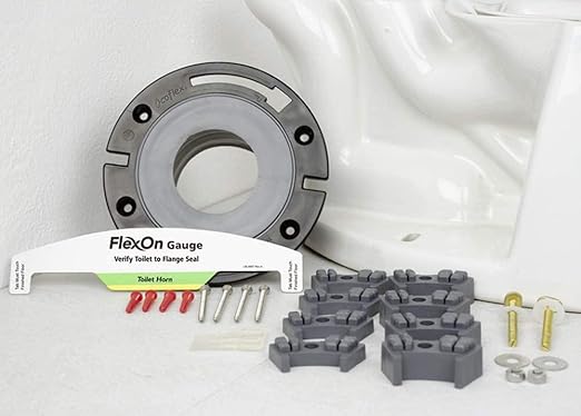 FlexOn 4-Inch Toilet Flange Repair Kit, No-Wax Commode Flange with Spacer, Offset Bolts & Seal Gauge - Fits ABS, Cast Iron & Tile Floors, Elevates 3/8" to 1-1/8" (Black/Gray)