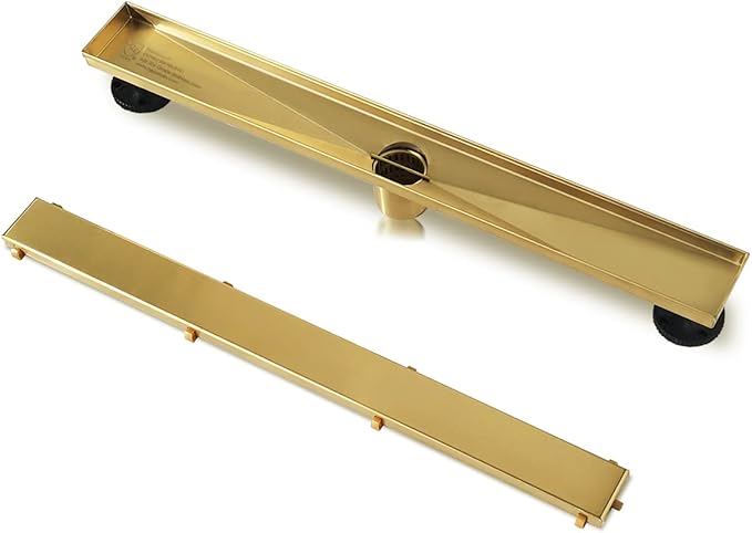 Neodrain 18-Inch Gold Linear Shower Drain, 2-in-1 Flat & Tile Insert Cover, Stainless Steel Linear Drain, Brushed Brass Rectangle Shower Floor Drain with Hair Strainer, Watermark&CUPC Certified