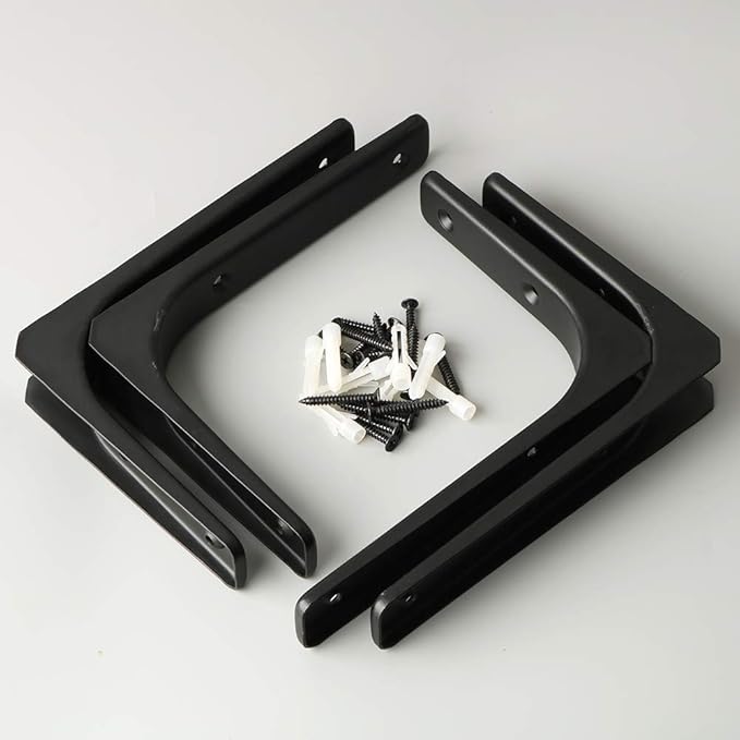 SAYAYO Metal Shelf Brackets, 8 x 6 Inch Heavy Duty L Angle Brackets Shelf Hardware Decorative Wall Hanging Supports for Floating Storage Shelf, 4 PCS Matte Black