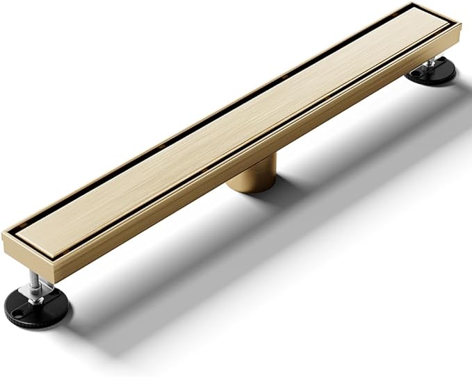 Linear Shower Drain 54 Inch Gold, Brushed AISI 304 Stainless Steel Shower Drain with 2-in-1 Tile Insert Panel, for Bathroom, Kitchen, Garage & More