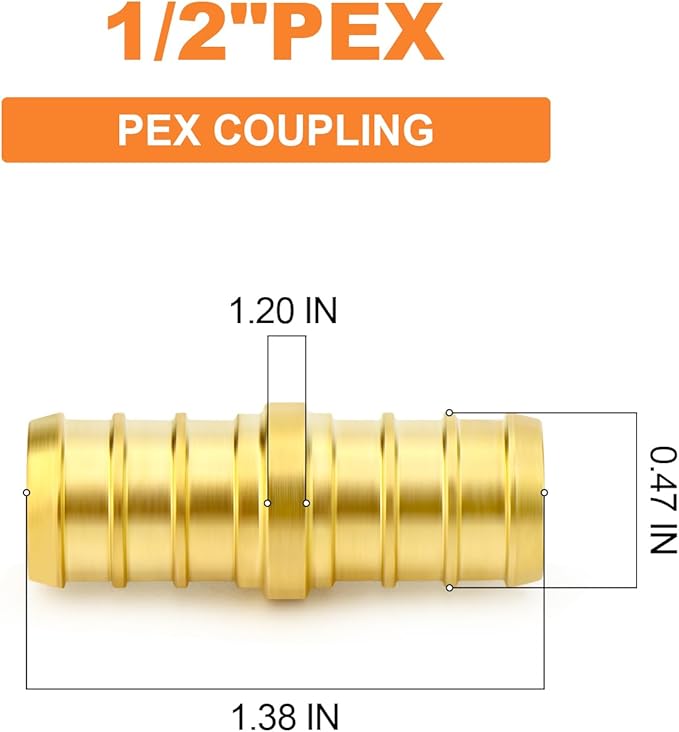 GASHER 2Pcs No Lead Brass 1/2" Pex Coupling, 1/2 Inch Pex Fittings for Pex Tubing