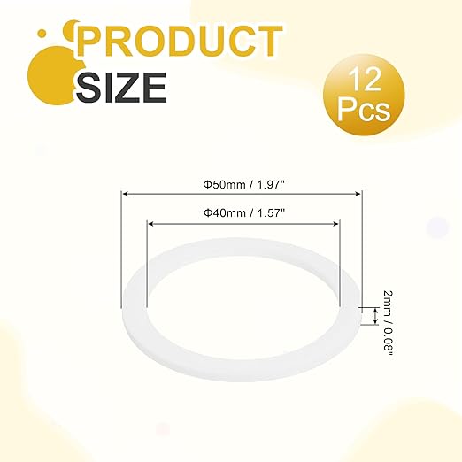 MECCANIXITY PTFE Flat Washers, 12Pack 50mm OD 40mm ID 2mm Thick Sealing Spacer Gasket Ring for Faucet Pipe Hose Bolt Machinery, White