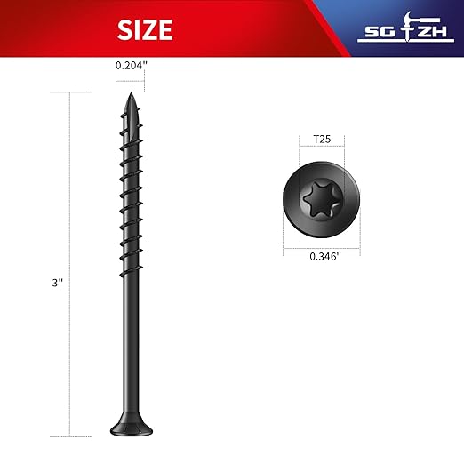 #10 x 3 Inch Deck Screws (59Pcs) 1lb. Carbon Steel, Black, Flat Head, Rust Resistant epoxy Coated, with T25 Star Bit