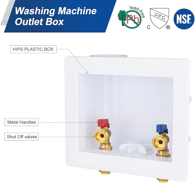 EFIELD Universal Washing Machine Outlet Box,1/2-inch Push-fit Inlet x 3/4 inch MHT Outlet Connection, Center Drain,(WM050)
