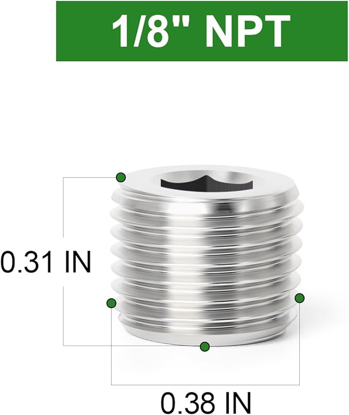 TAISHER 20PCS 304 Stainless Steel Internal Hex Thread Socket Pipe Plug Fitting 1/8" NPT Male