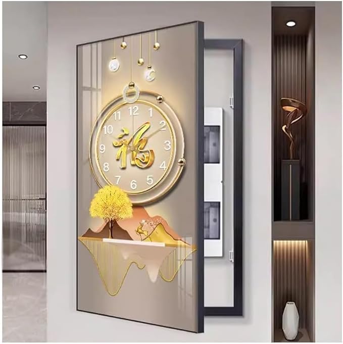 Fuse Box Cover Cabinet, Breaker Box Cover, Decorative Painting of Electricity Meter with Clock, Wall Mounted Hide Electrical Panel Cover Decorative,M,45x90cm