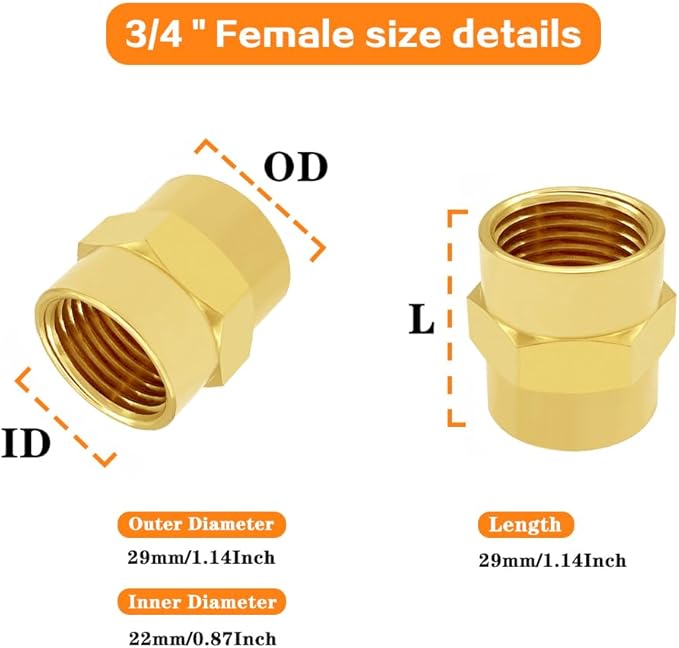 Brass Pipe Fitting NPT Coupler, 3/4" x 3/4" Standard NPT Female thread (pack of 2)