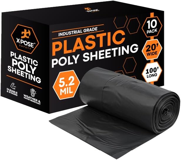 Xpose Safety Black Plastic Sheeting 10 Pack – 20' x 100' Rolls – Heavy Duty 5.2 Mil Poly Sheet – Waterproof, Dustproof, Vapor Barrier – for Construction, Painting, Industrial Use