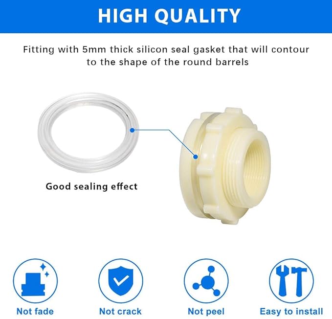 Quickun 1-1/2" ABS Bulkhead Water Tank Connector Adapter Fitting with Plugs Thru-Bulk Pipe Fitting (Set of 1)