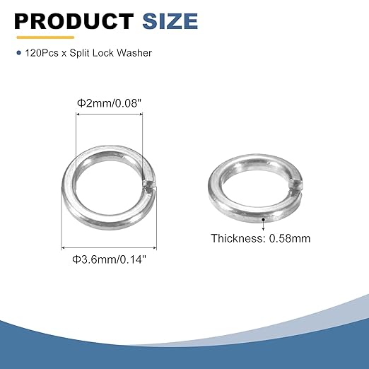 uxcell 120 Pcs M2 Split Lock Washers, 304 Stainless Steel Spring Lock Washer 2mm ID 3.6mm OD 0.58mm Thick for Screws Bolts Fasteners