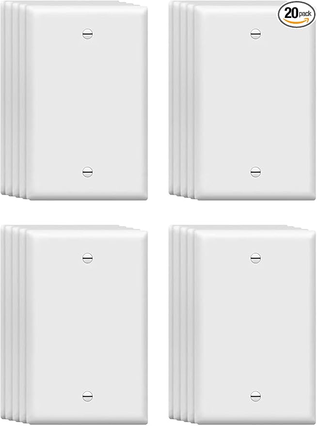 Mid-Size Blank Wall Plates 1-Gang 4.89" x 3.12" blank Switch Outlet Electrical Cover Plate Unbreakable Thermoplastic Faceplate for Light Receptacle Outlet Switch, White (20 Pack)
