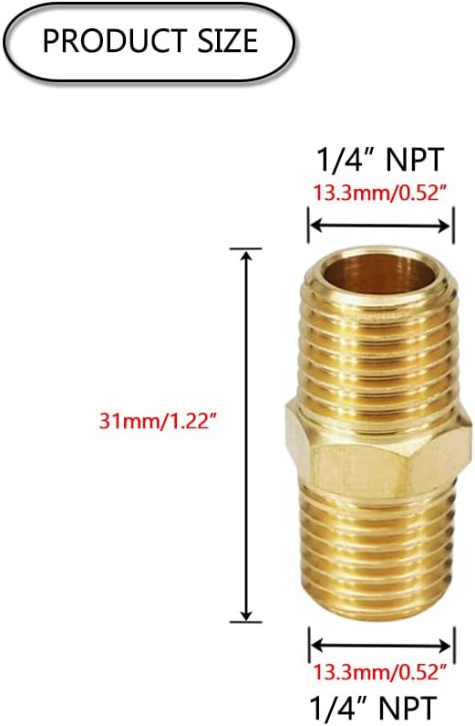 HQMPC Solid Brass Pipe Fitting Male Pipe, Hex Nipple Gas Connect Adapter Brass Union Coupler Adapter Gas x Flare Fittings 1/4"NPT 12Pcs