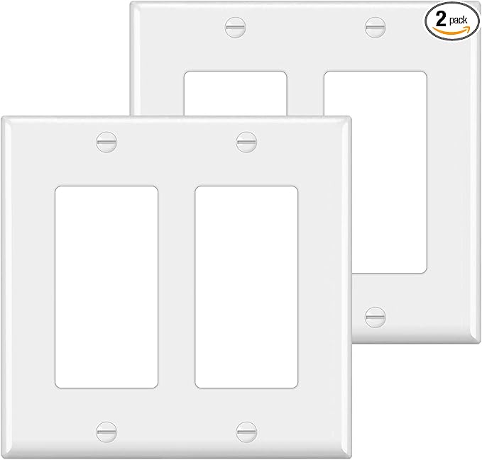 [2 Pack] BESTTEN 2-Gang Decorator Wall Plate, Standard Size, H4.53” x W4.57”, Unbreakable Polycarbonate Outlet and Switch Cover, UL Listed, White