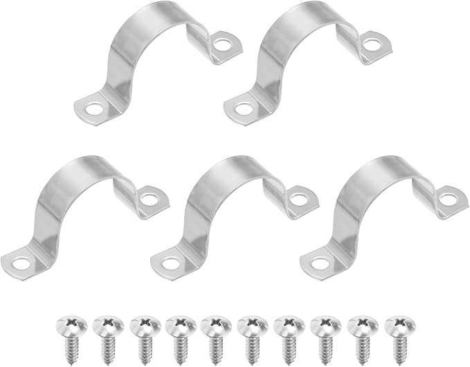 uxcell 5Pcs 40mm(1-9/16") Two Hole Rigid Pipe Strap, 304 Stainless Steel Conduit Clamp Thicken U Bracket Heavy Duty Pipe Clamp with Self-Tapping Screws for Fixing Tube Cable, Silver
