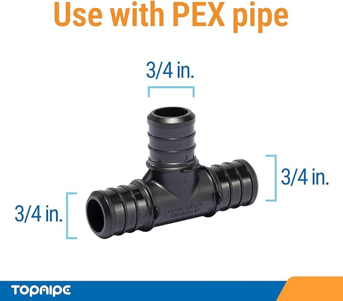 (Pack of 5) Topaipe 3/4 x 3/4 x 3/4 Inch PEX Poly Crimp Equal Tee, PPSU Fitting for PEX Tubing, PERT, ASTM F2159