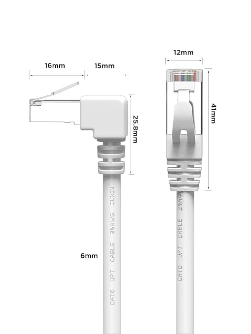 Cat6 Ethernet Cable Right Angle White 6FT, 90 Degree CAT 6 Ethernet Patch Cable RJ45 LAN Cable Gigabit Network Cable for PC, Router, Modem, Xbox, PS4, PS3 (Downward Angle 6feet)