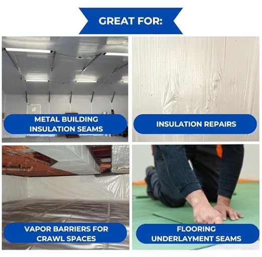BlueTex Insulationㅤ 6" Wide x 180' Long White Vapor Barrier Seam Tape - 8 Roll Bulk Pack, Waterproofing & Great for Crawlspaces, Insulation Repair, Underlayment Seams, Metal Building Insulation Seams