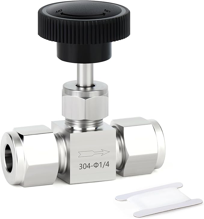 TAISHER 1PCS 304 Stainless Steel Compression Tube Square Straight Needle Valve 1/4" Tube OD x 1/4" Tube OD For Flow Control Water Gas Oil