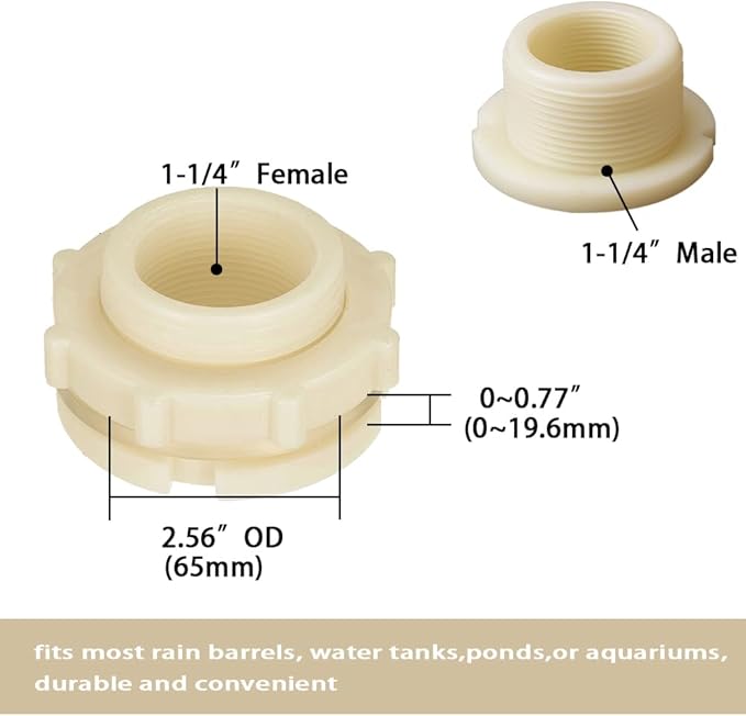 1.25" Female ABS Bulkhead Fitting, Plastic Water Tank Connector Adapter Fitting with Plugs for Outdoor rain Barrel Garden Hose Adapter Spigot kit Water Tank Gallon Drain Bucket(Set of 2)