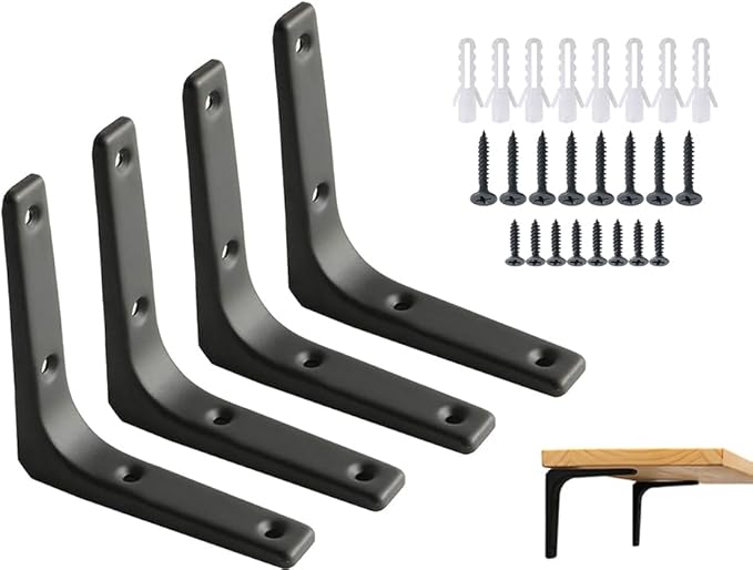 SAYAYO 4 PCS Iron Wall Shelf Bracket, 4 x 4 Inch Heavy Duty Shelf Support Bracket Decorative Joint Angle Bracket, Matte Black