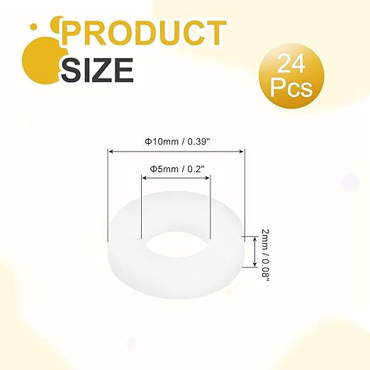 MECCANIXITY PTFE Flat Washers, 24Pack 10mm OD 5mm ID 2mm Thick Sealing Spacer Gasket Ring for Faucet Pipe Hose Bolt Machinery, White