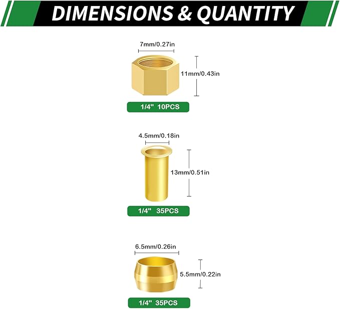 80pcs 1/4" Brass Compression Sleeves Ferrules Inserts Nuts Fittings Assortment Kit, Air Hose Ferrules Kit of Air Water Fuel Oil Gas Tube Lines