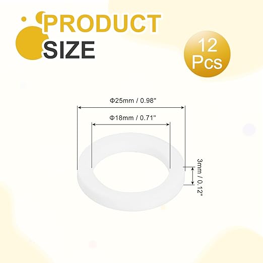 MECCANIXITY PTFE Flat Washers, 12Pack 25mm OD 18mm ID 3mm Thick Sealing Spacer Gasket Ring for Faucet Pipe Hose Bolt Machinery, White