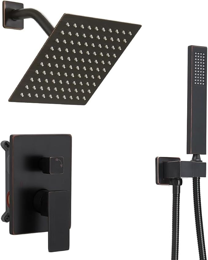 Oil Rubbed Bronze rain Shower Faucet Set Shower System 8 Inches Square Shower Head with Handheld, Waterfall Showerhead, All Metal Shower Faucet Trim Repair Kits (Contain Shower Valve)
