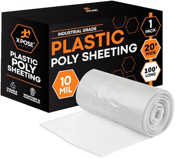 Xpose Safety Clear Plastic Sheeting – 20' x 100' Roll – Heavy Duty 10 Mil Poly Sheet – Waterproof, Dustproof, Vapor Barrier – for Construction, Painting, Industrial Use
