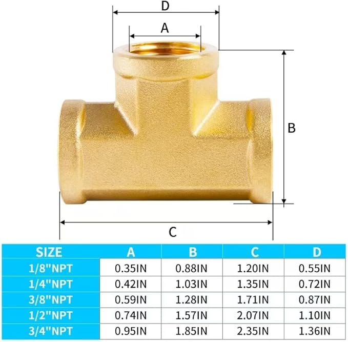 ChillWaves Brass Pipe Fitting, Tee 3/8" x 3/8" x 3/8" NPT Female Thread Adapter(3-PACK)