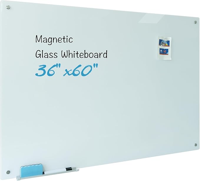 Magnetic Glass Dry Erase Board 36"x60" Glass Whiteboard 36"x60" Wall Mounted White Glassboard Frameless Writing GlassBoard for Office School Home Shop