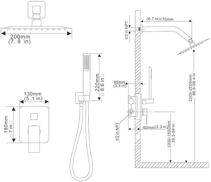 Shower System Brushed Nickel Bathroom Rainfall Shower Faucet Set Complete Wall Mounted 8 Inch Shower Head and Handle Set with Rough-in Valve Body and Trim Kit