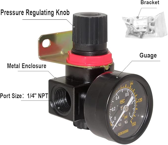 Beduan BR2000 Air Compressor Regulator Combo 1/4" NPT,Manual Drain with Bracket, Gauge