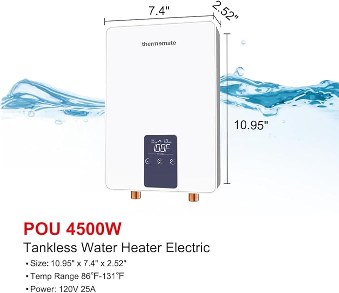 Mini Tankless Water Heater Electric 110V ~ 120V for Sink, ThermoMate 4.5kW 37.5A at 120V Small Point of Use Water Heater CSA Approved, Must HardWird Requiring 10AWG Wire