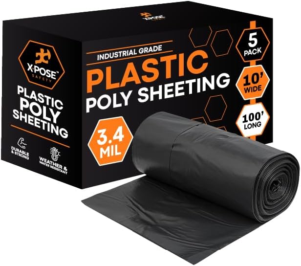 Xpose Safety Black Plastic Sheeting 5 Pack – 10' x 100' Rolls – Heavy Duty 3.4 Mil Poly Sheet – Waterproof, Dustproof, Vapor Barrier – for Construction, Painting, Industrial Use