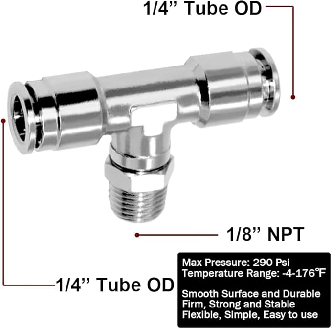 Beduan Push to Connect Tube Fitting Union Tee, Copper Nickle-Plated 1/4" Tube OD x 1/8" NPT Male Thread Shaped Union Adapter Fitting (Pack of 5)