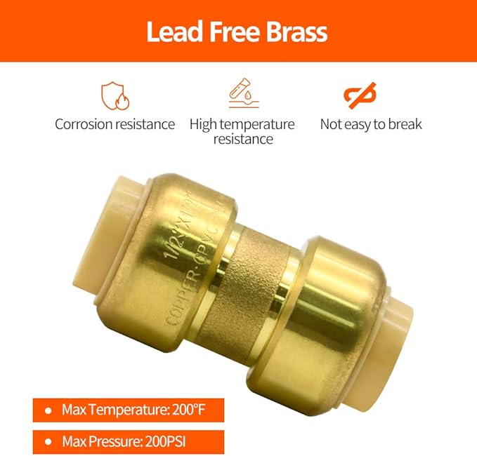6 Pack Push-to-Connect Plumbing Fittings, 1/2" Pushfit Straight Fittings with Disconnect Clip for Copper, PEX, CPVC Pipe