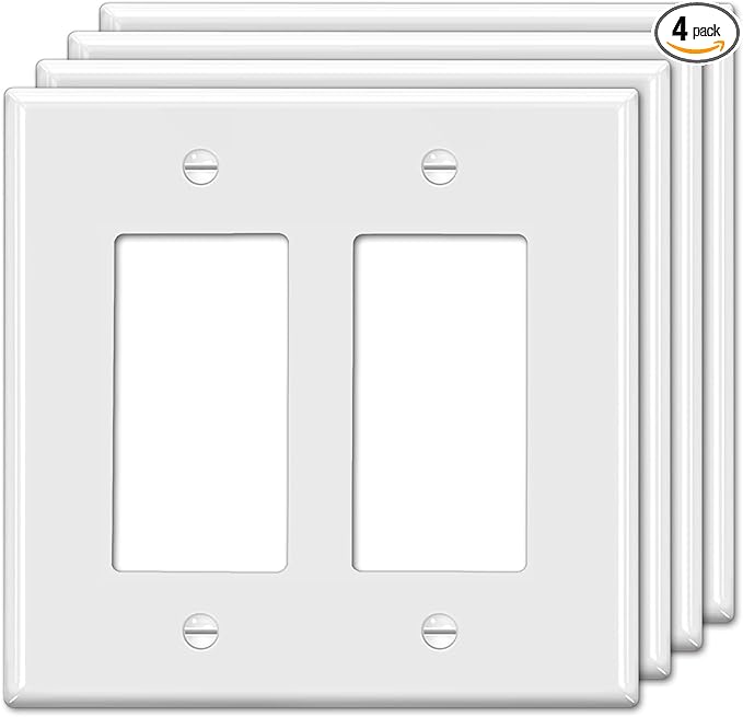 4 Pack BESTTEN 2-Gang Decorator Wall Plate, Standard Size, H4.53” x W4.57”, Unbreakable Polycarbonate Outlet and Switch Cover, UL Listed, White