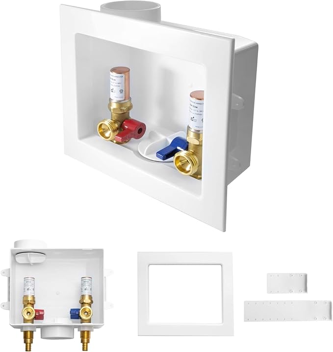 1-PACK GUOFIS Washing Machine Outlet Box with Copper Water Hammer Arrestor, PEX Laundry Washer Box with Central and Side Drain Design(1/2"PEX Crimp Connection Inlet X 3/4"MHT Outlet)(WM012)