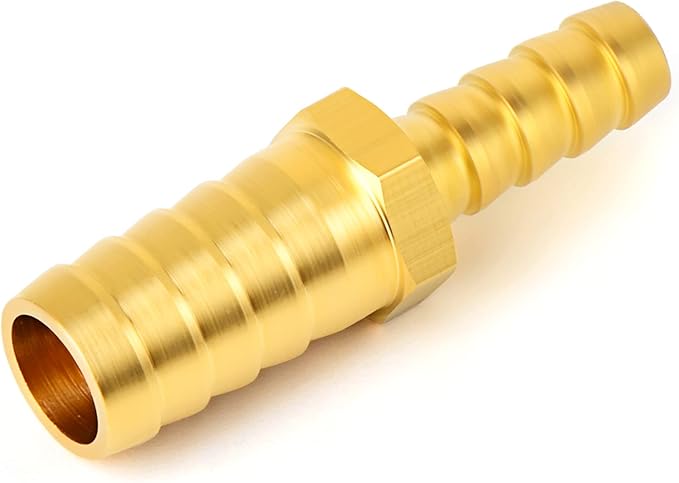 GASHER 2 Pieces Brass Hose Barb Reducer, 5/8 Inch to 3/8 Inch Barb Hose ID with 4 Hose Clam, Brass Barb Reducer SPLICER Fitting Fuel/AIR/Water/Oil/Gas/WOG